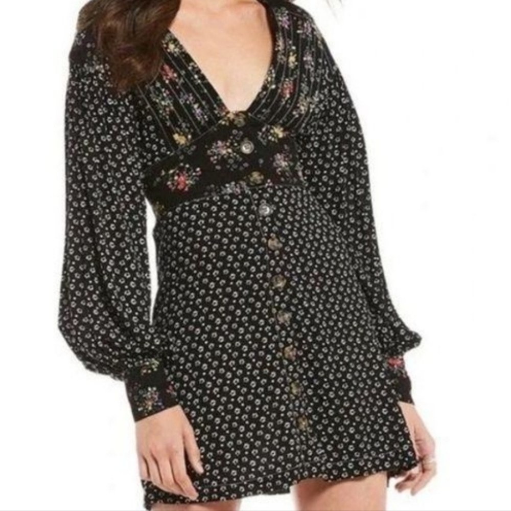 Free People Black Floral Tunic Top Dress Button down Tie Waist Wonderland Medium